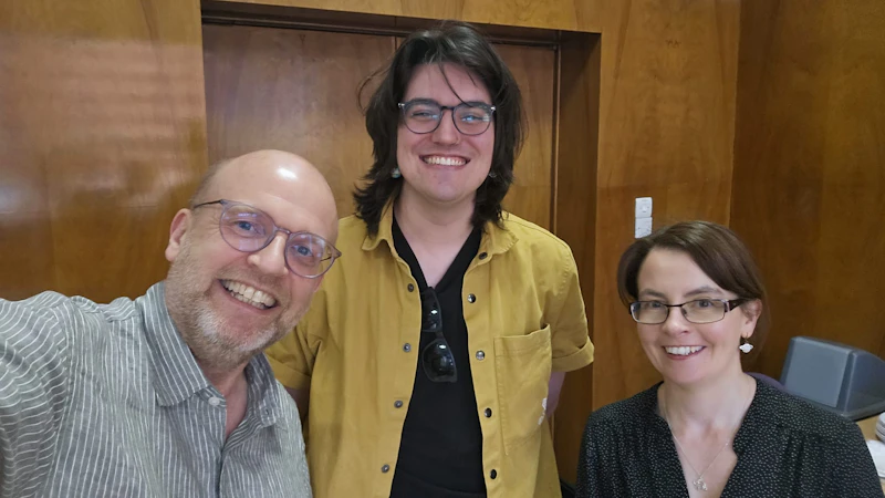 A selfie of Professor Geraint Jones, Dr Cai Stoddard-Jones and Dr Sarah Roberts.