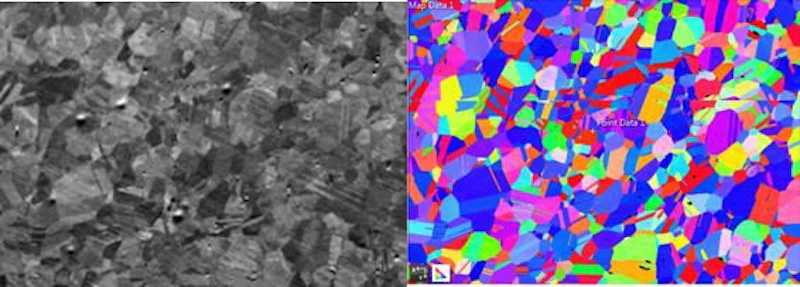 Electron Backscatter diffraction of stainless steel surface for crystallite size and phase analysis.