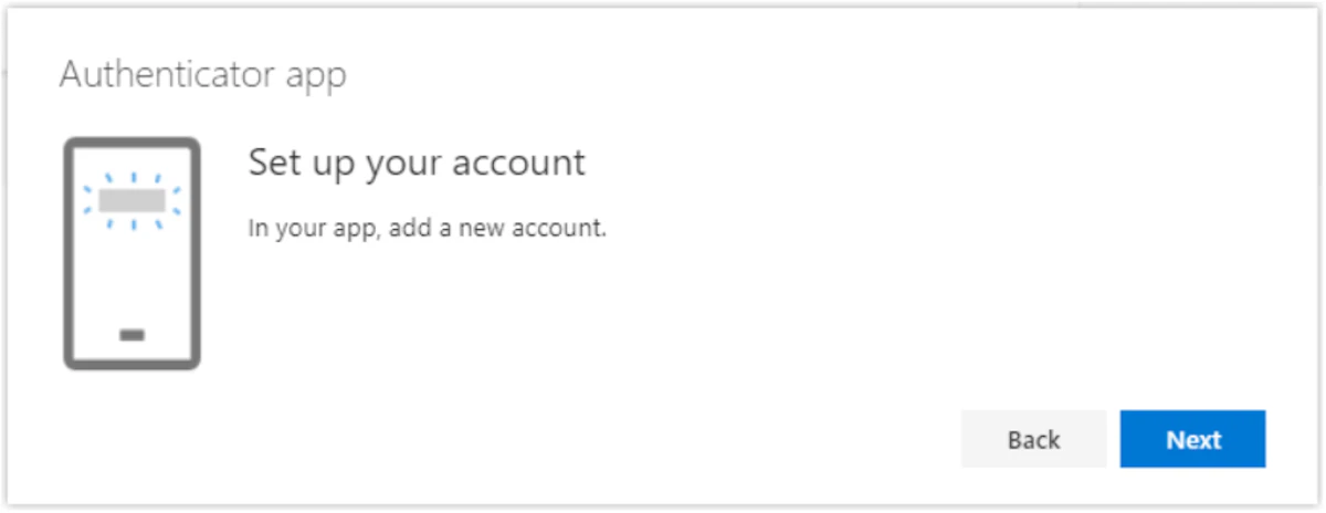 Screenshot of the 'Set up your account' screen showing the 'In your app, add a new account' message