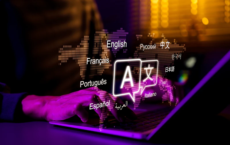 Hands on a laptop overlaid with Languages and AI logo
