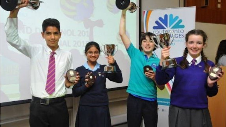 Students celebrate at a Routes into Languages Spelling Bee competition