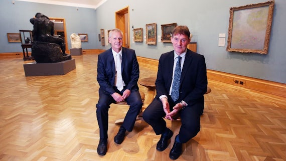 Cardiff University Vice-Chancellor, Professor Colin Riordan, and National Museum Wales Director General, David Anderson in the National Museum, Cardiff