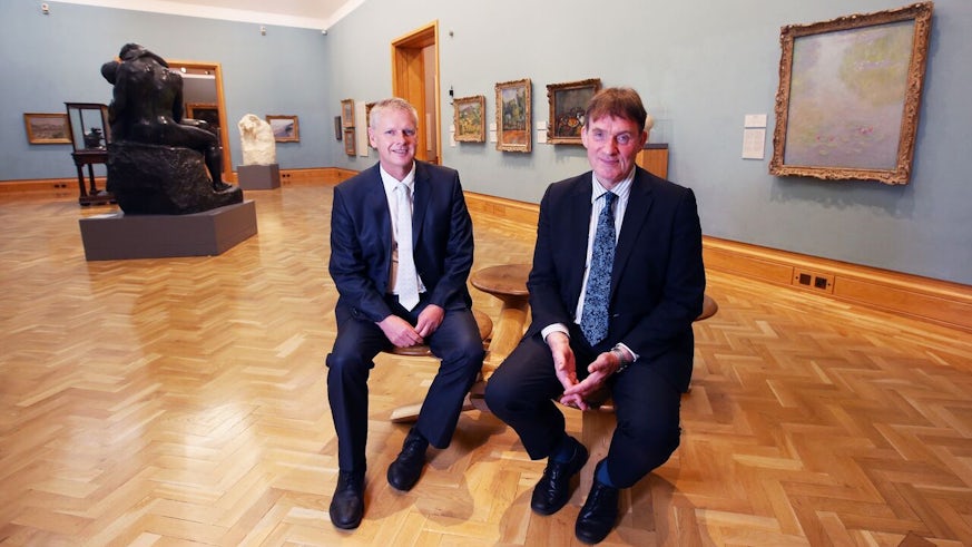 Cardiff University Vice-Chancellor, Professor Colin Riordan, and National Museum Wales Director General, David Anderson in the National Museum, Cardiff