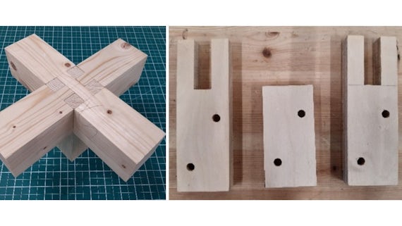 Photographs of a traditional wooden castle joint and of the components making up a simplified version