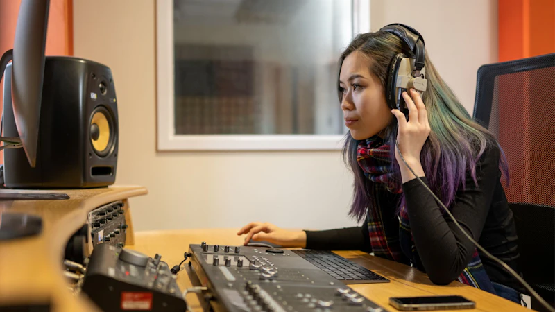 Image of student in music studio with headphones on