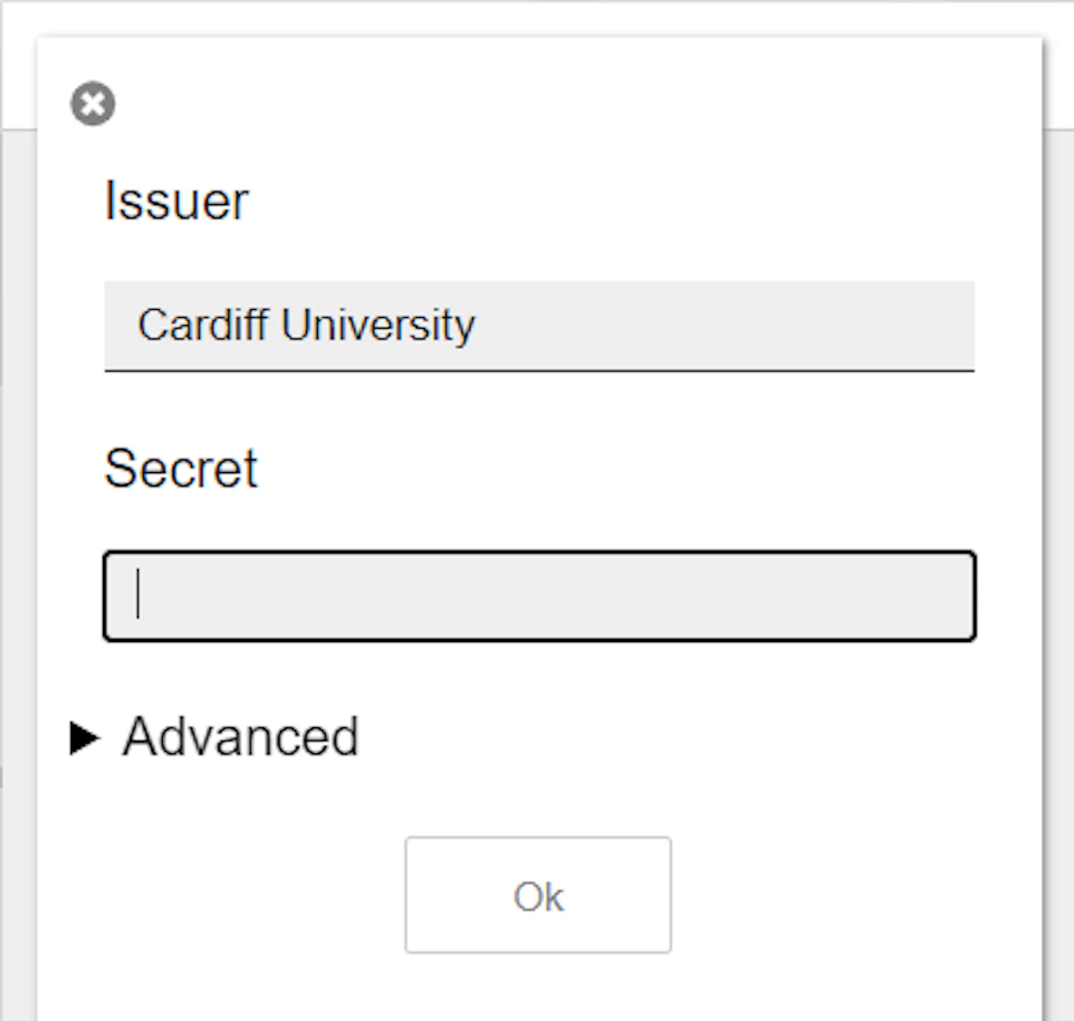 Screenshot of the Authenticator add-on window showing the 'Issuer' and the 'Secret' textboxes