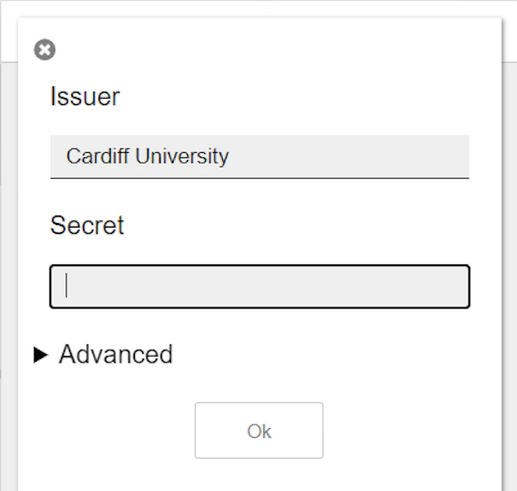 Screenshot of the Authenticator add-on window showing the 'Issuer' and the 'Secret' textboxes