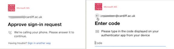 Screenshots of the 'Approve sign-in request' screen showing the 'Having trouble? Sign in another way' message and the 'Enter code' screen showing the grey left-pointing arrow next to the email address