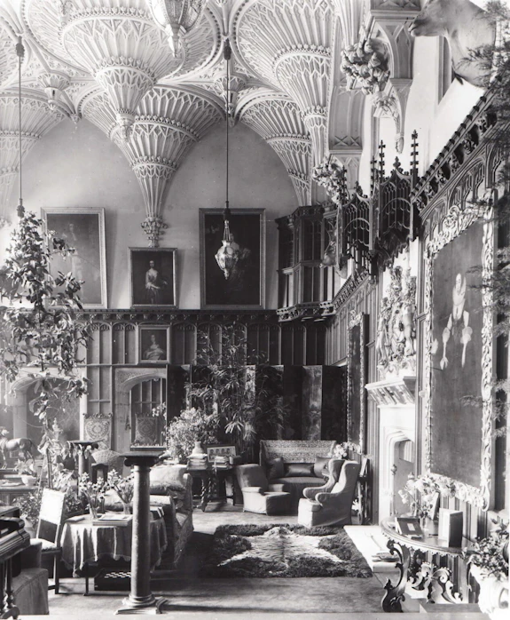 The Gothic hall at Welbeck Abbey, with vaulted ceilings, panelled walls, lavish furniture