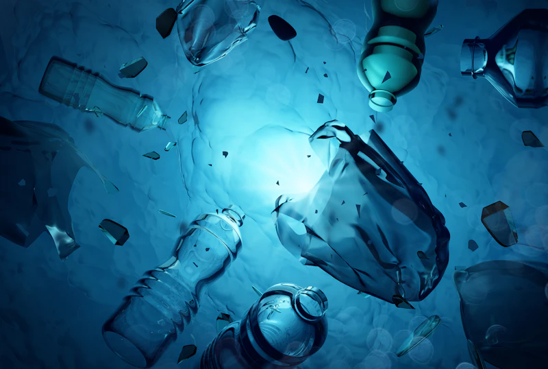 Plastic bottles and bags are photographed from below suspended in the ocean